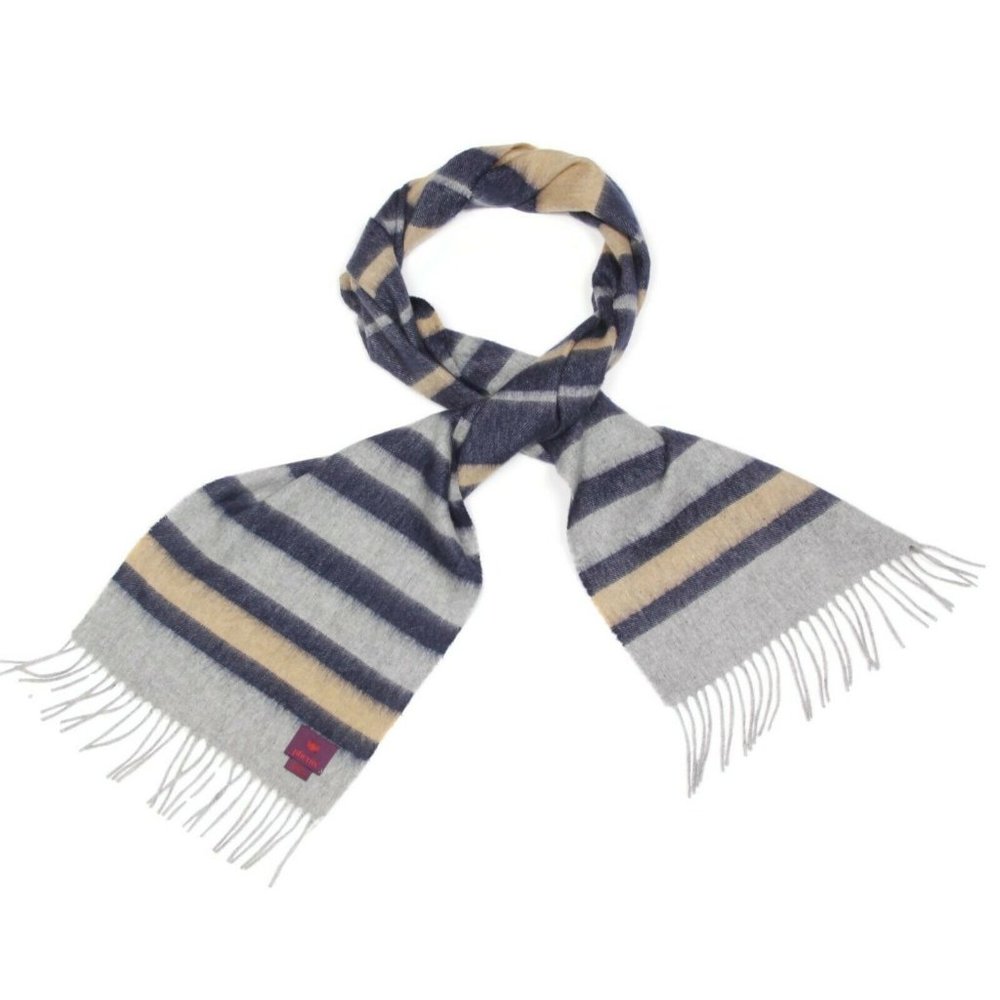 PHENIX Stylish Gray Blue Tan Striped Scarf with Fringe Wool Blend 34" -130